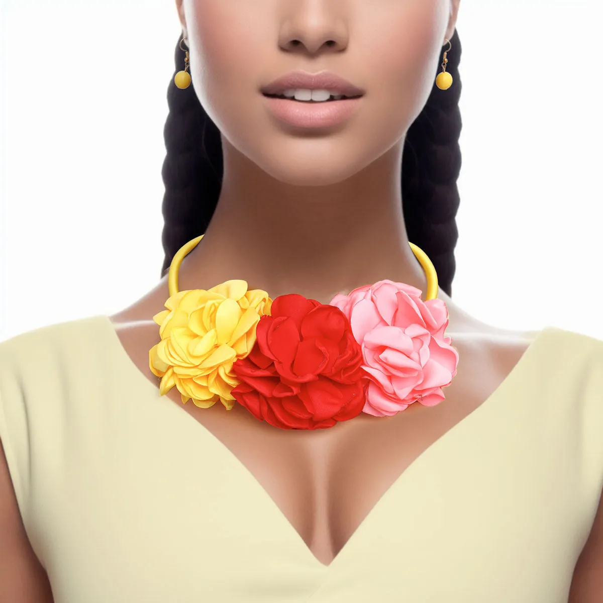 Triple Fabric Flower Bib Necklace - Multi