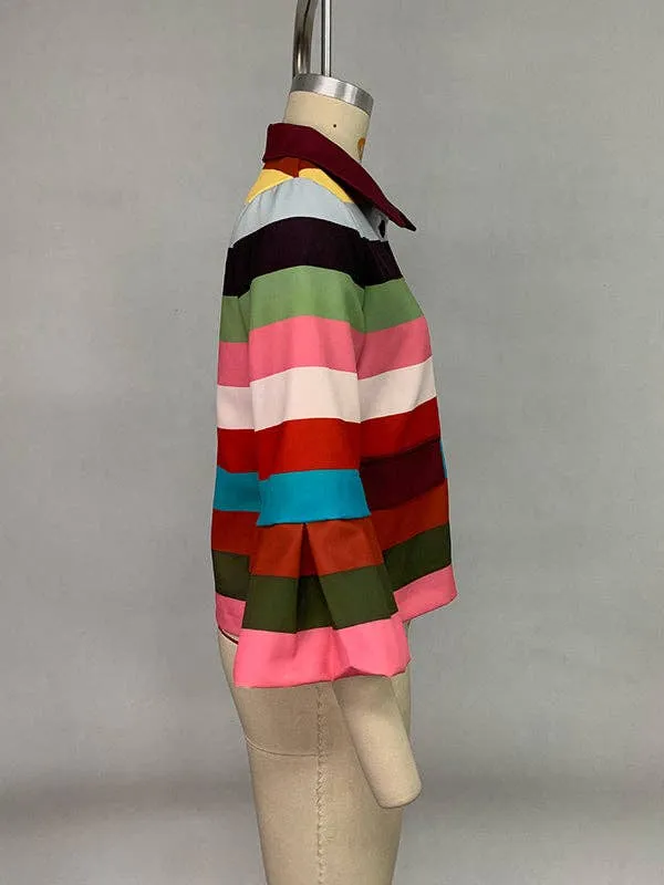 UZ Wholesale  Puff Sleeves Multi-Colored Thick Striped Lapel Jacket