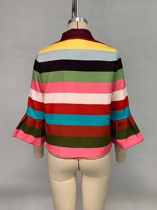 UZ Wholesale  Puff Sleeves Multi-Colored Thick Striped Lapel Jacket