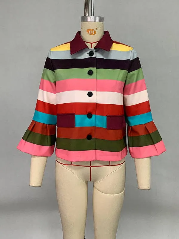 UZ Wholesale  Puff Sleeves Multi-Colored Thick Striped Lapel Jacket