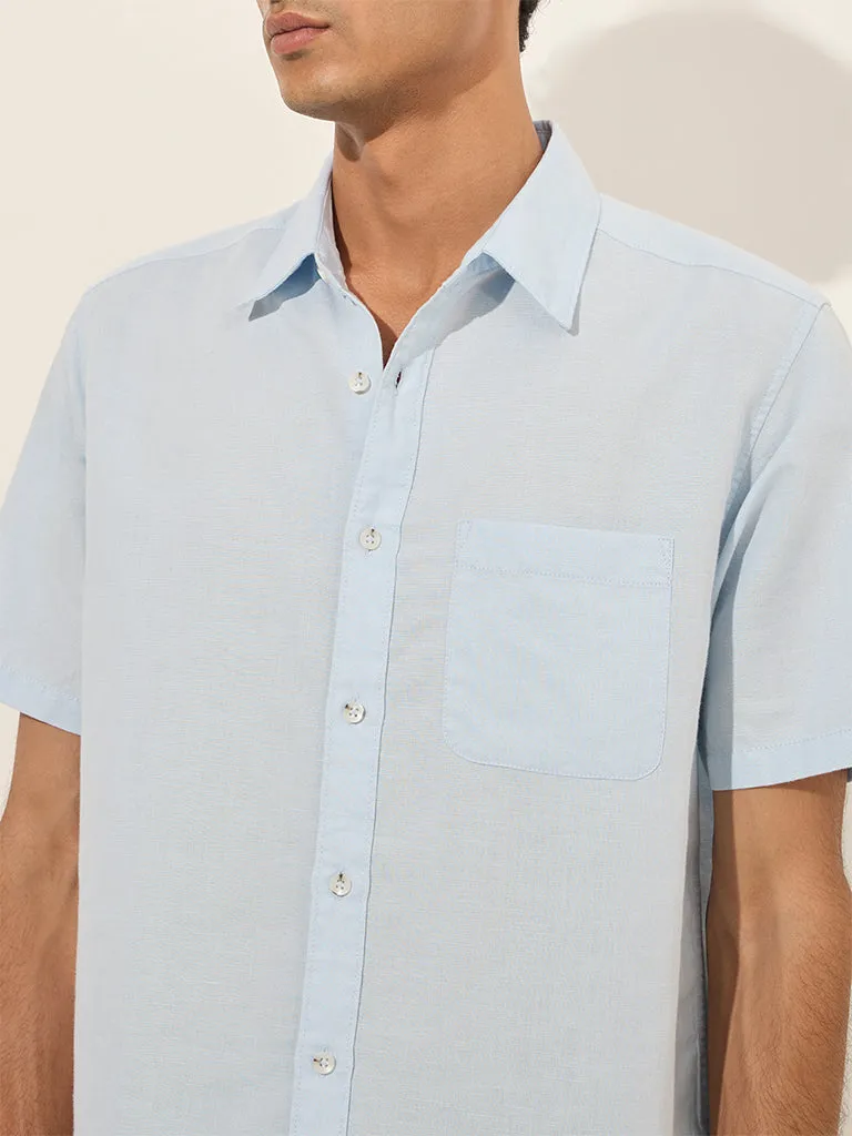 WES Casuals Light Blue Solid Relaxed-Fit Cotton-Blend Shirt