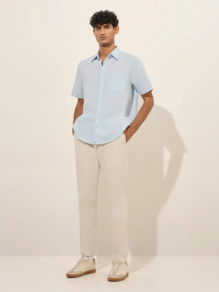 WES Casuals Light Blue Solid Relaxed-Fit Cotton-Blend Shirt