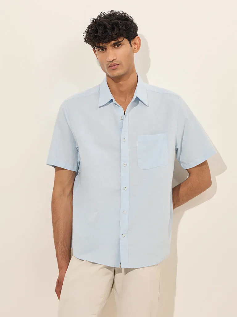 WES Casuals Light Blue Solid Relaxed-Fit Cotton-Blend Shirt