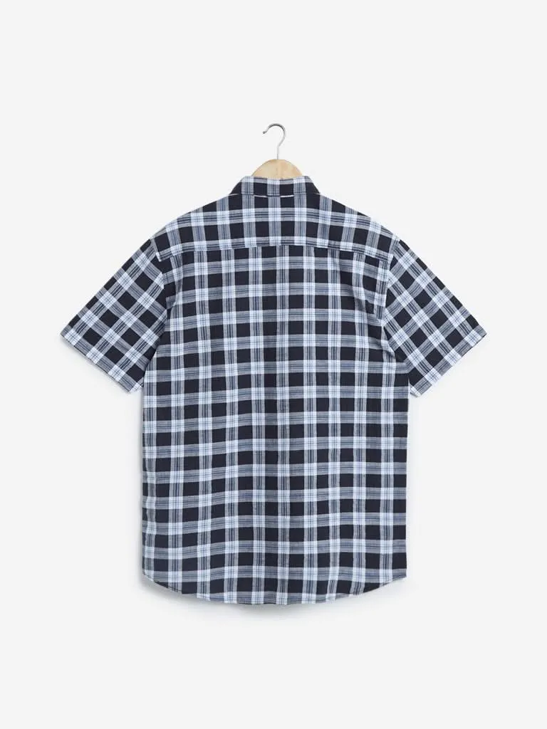 WES Casuals Navy Relaxed Fit Checkered Shirt