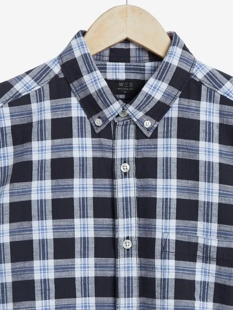 WES Casuals Navy Relaxed Fit Checkered Shirt