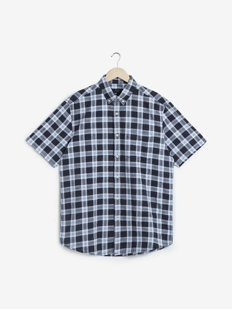 WES Casuals Navy Relaxed Fit Checkered Shirt