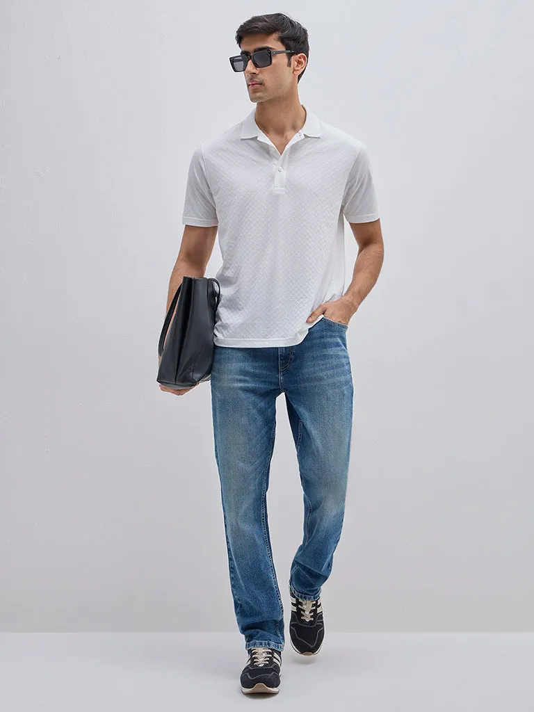 WES Casuals White Self Relaxed-Fit Cotton Polo T-Shirt