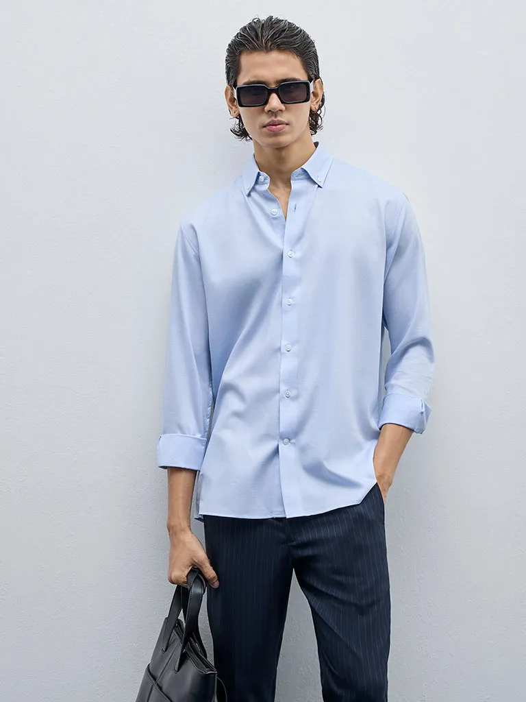 WES Formals Light Blue Patterned Relaxed-Fit Cotton Shirt