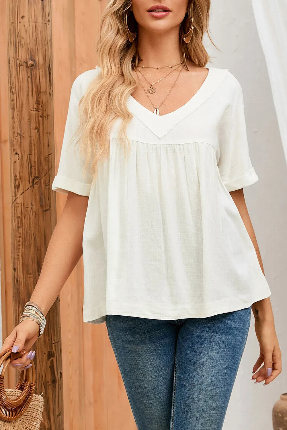 White Frayed  Ruffled Babydoll Blouse