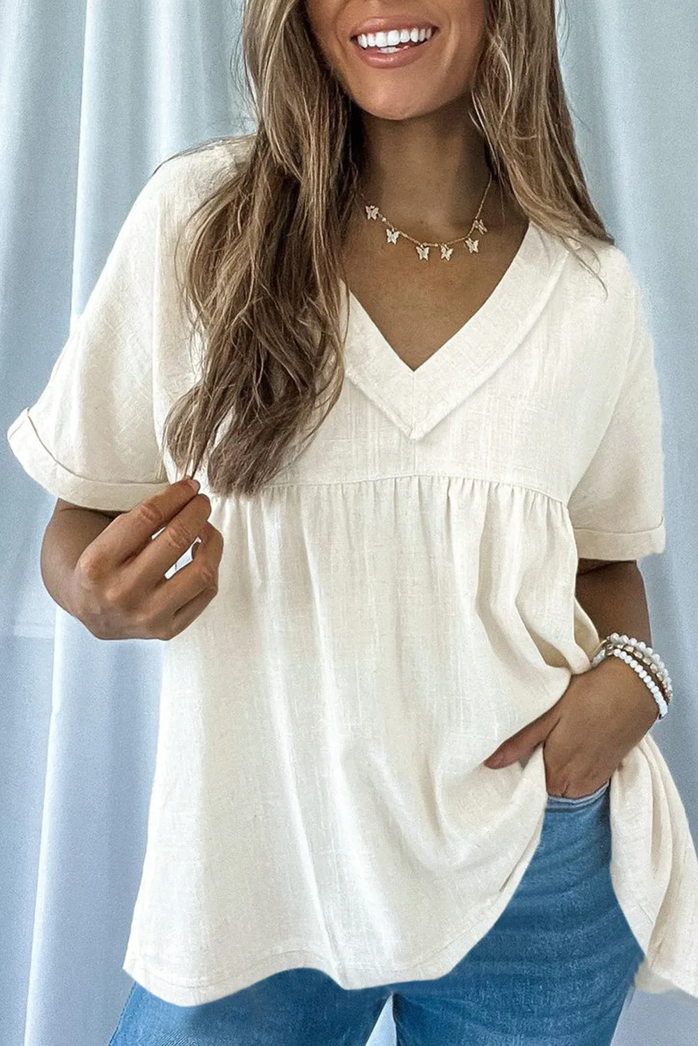 White Frayed  Ruffled Babydoll Blouse