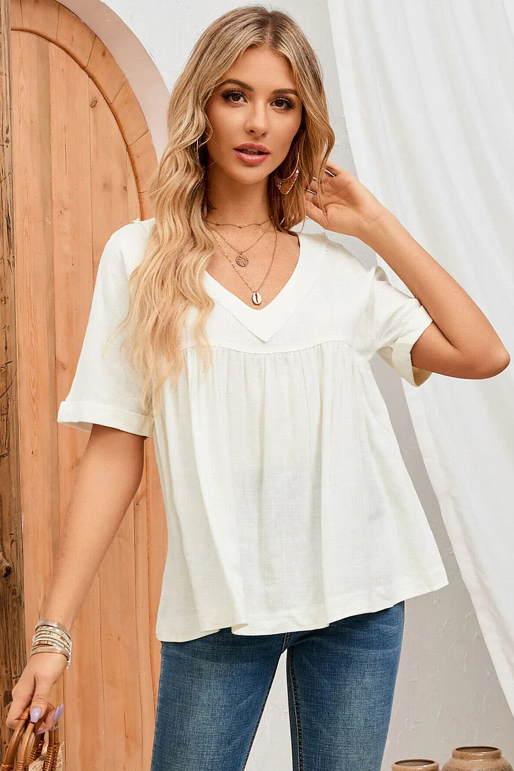 White Frayed  Ruffled Babydoll Blouse