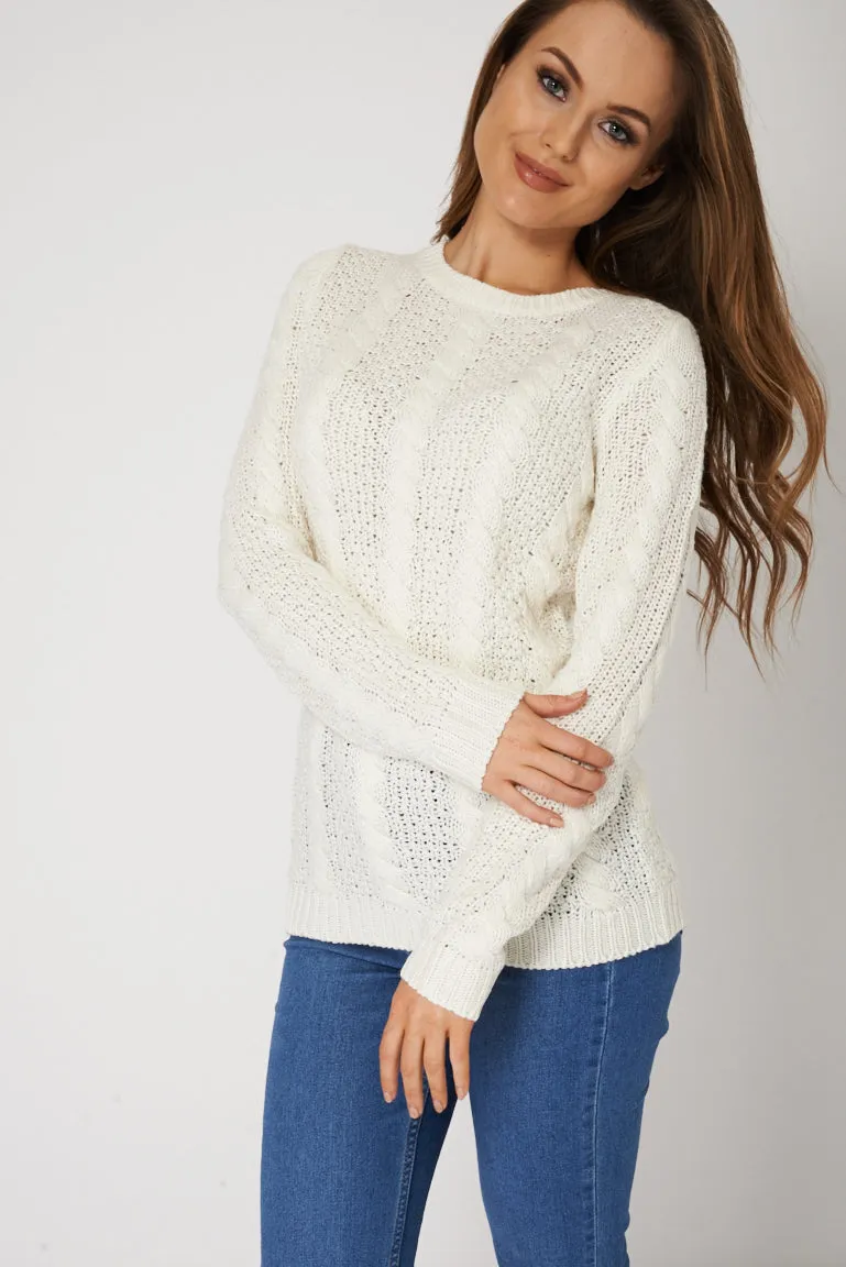 White Patchwork Cable Knit Jumper