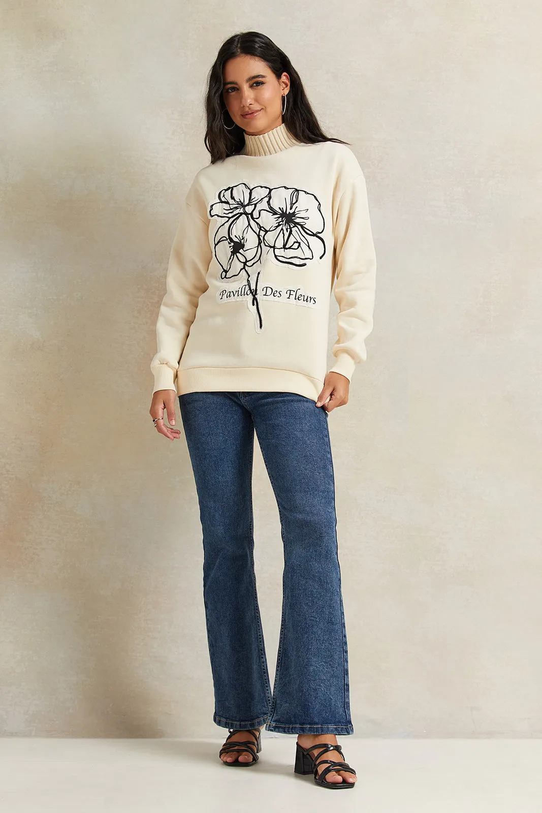 Women Ivory High Neck Printed Sweatshirt