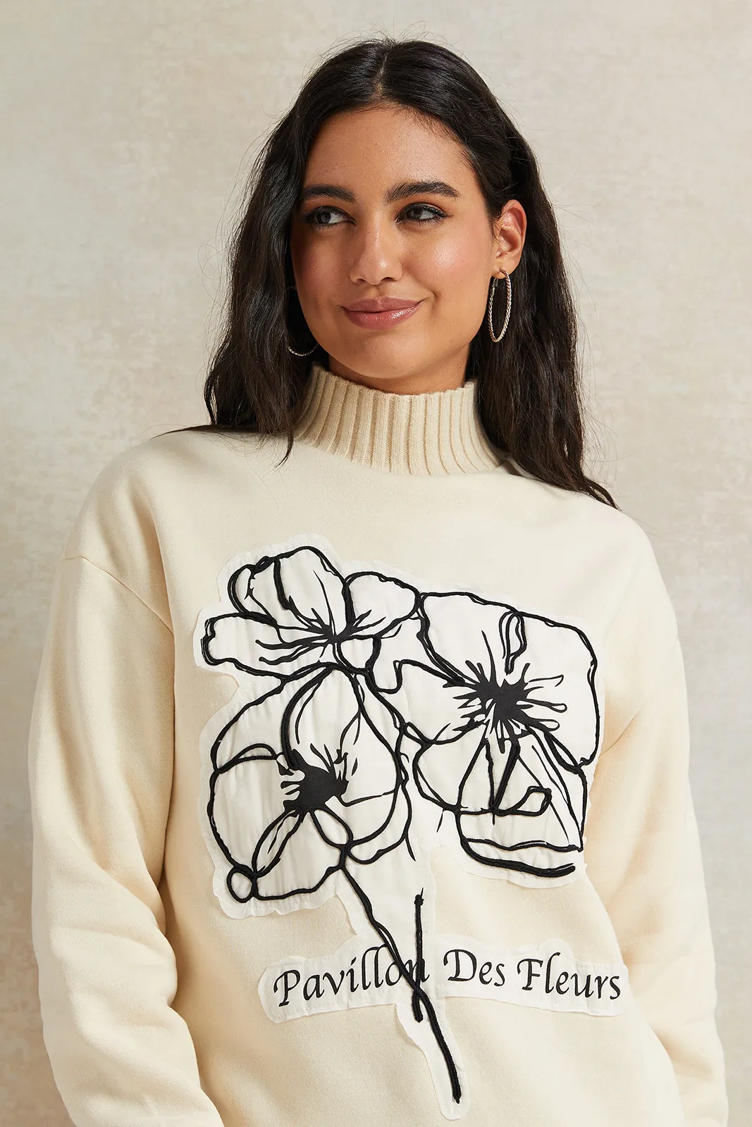 Women Ivory High Neck Printed Sweatshirt