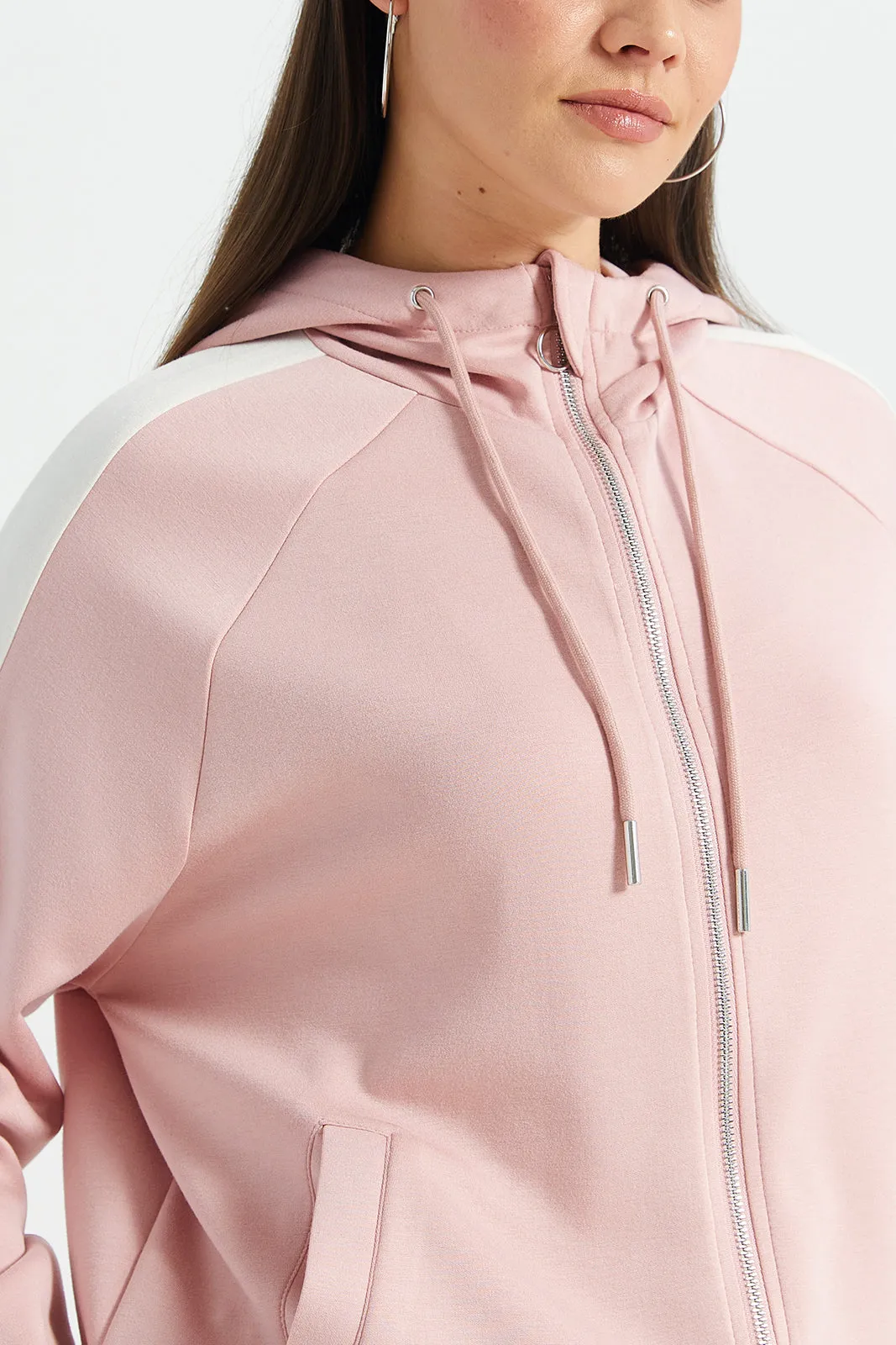 Women Pink Hooded Detailed Zip Through Sweatshirt