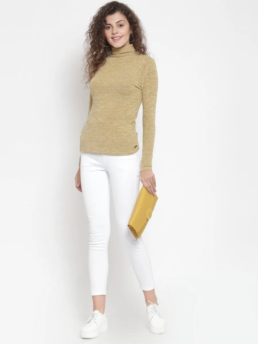 Women Solid Gold Round Neck T-Shirt