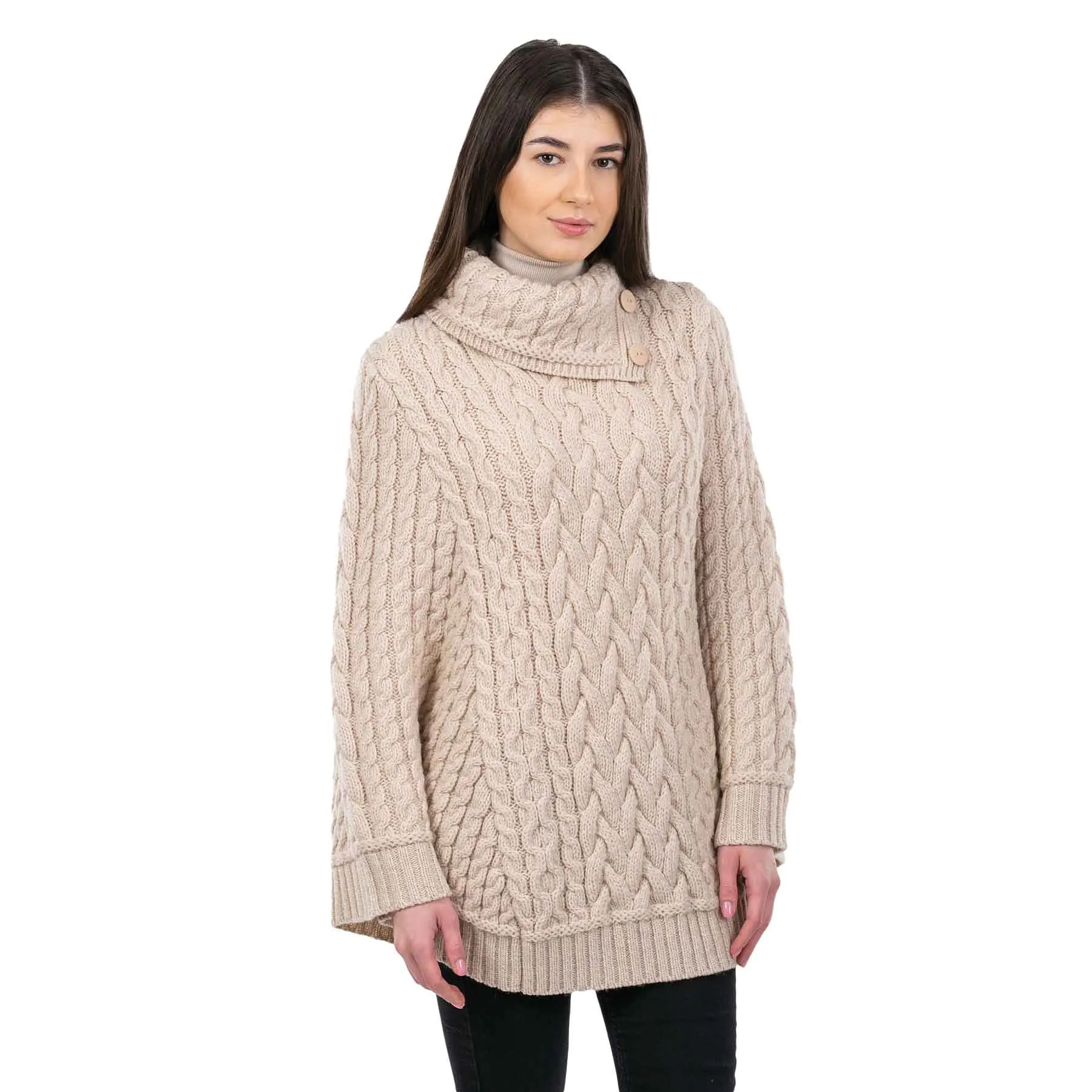 Women's Cowl Neck Button Poncho, Parsnip