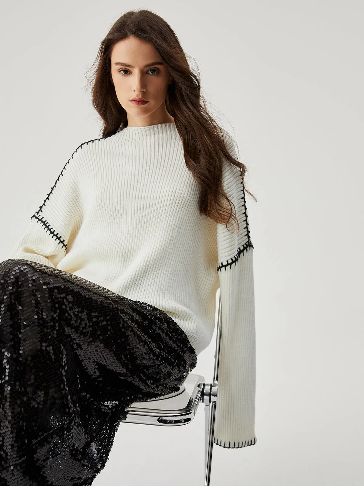 Wool-blend Contrast Graceful Trim Sweater