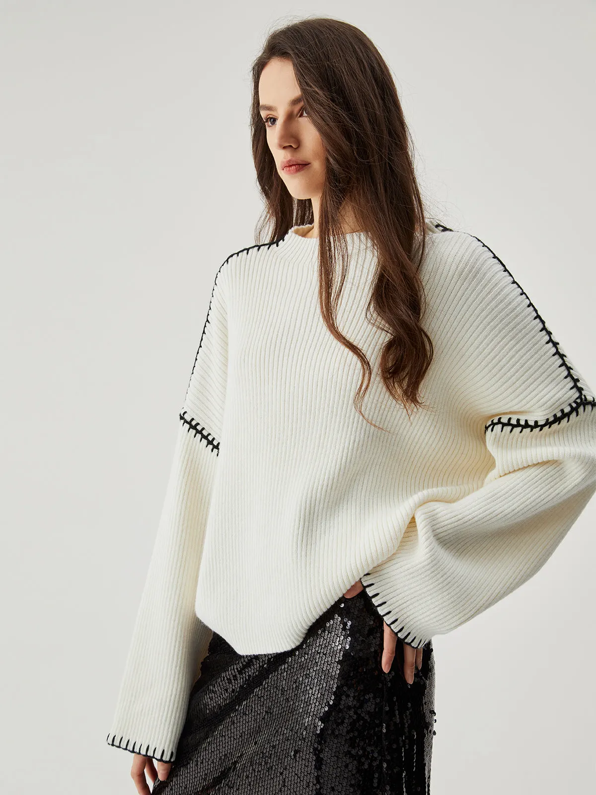 Wool-blend Contrast Graceful Trim Sweater