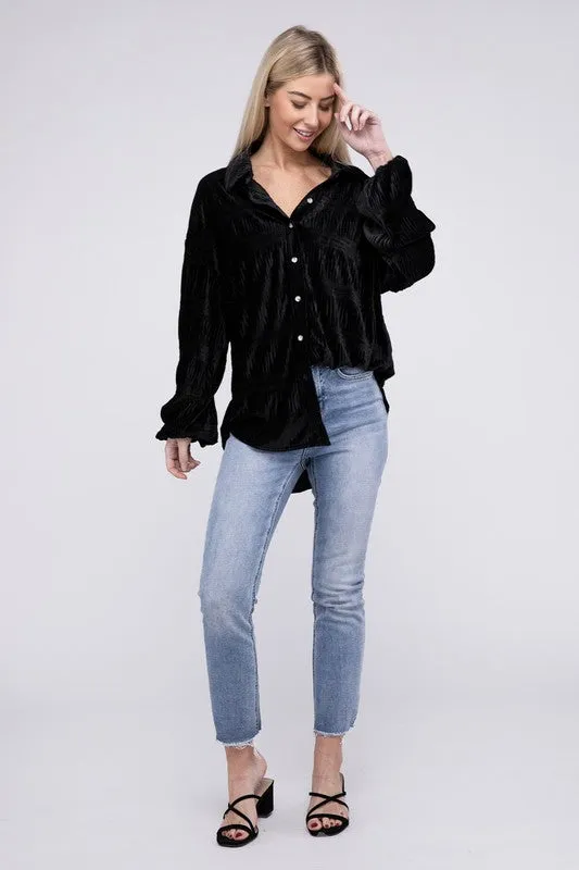 Wrinkle Effect Tiered Shirring Black Velvet Shirt