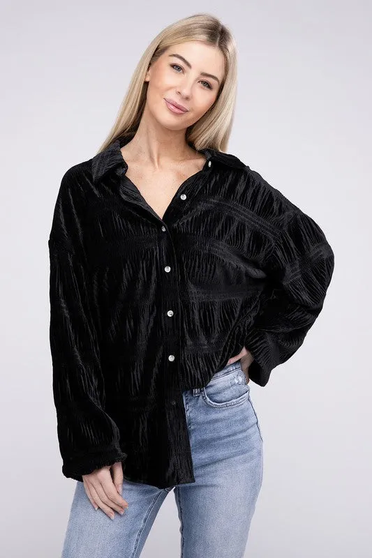 Wrinkle Effect Tiered Shirring Black Velvet Shirt