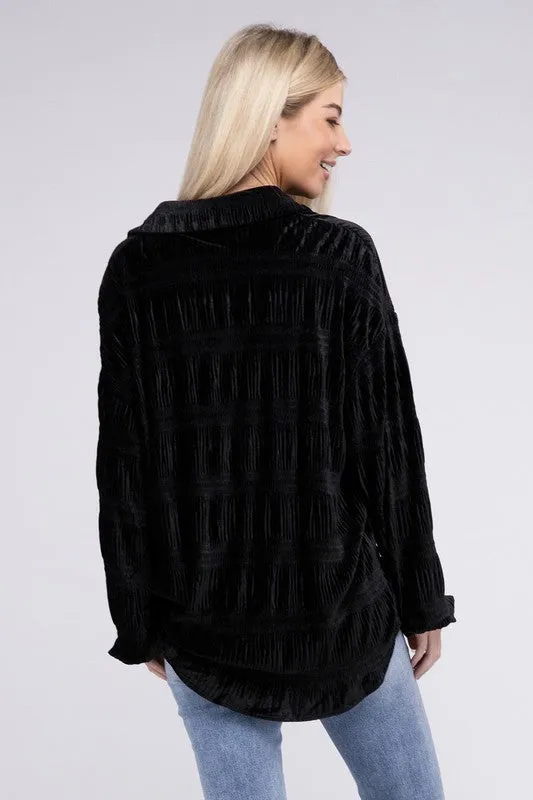 Wrinkle Effect Tiered Shirring Black Velvet Shirt